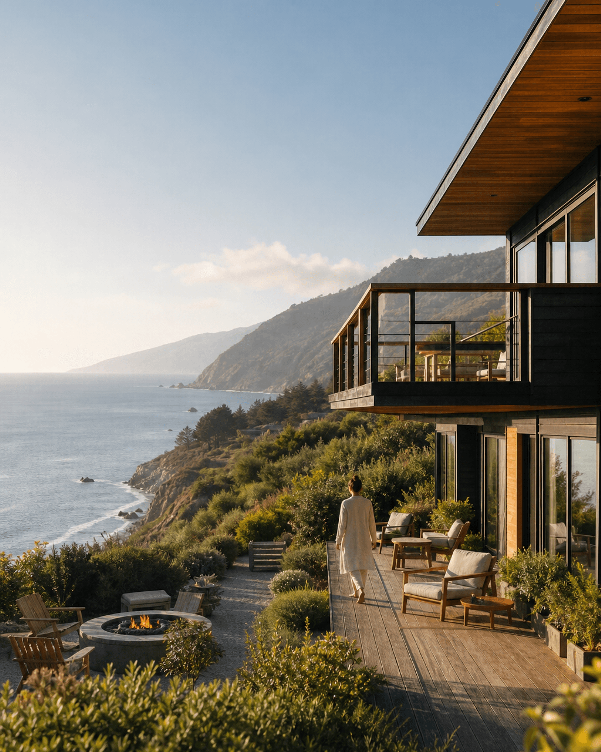 The architecture of Aster House set into the Big Sur hillside