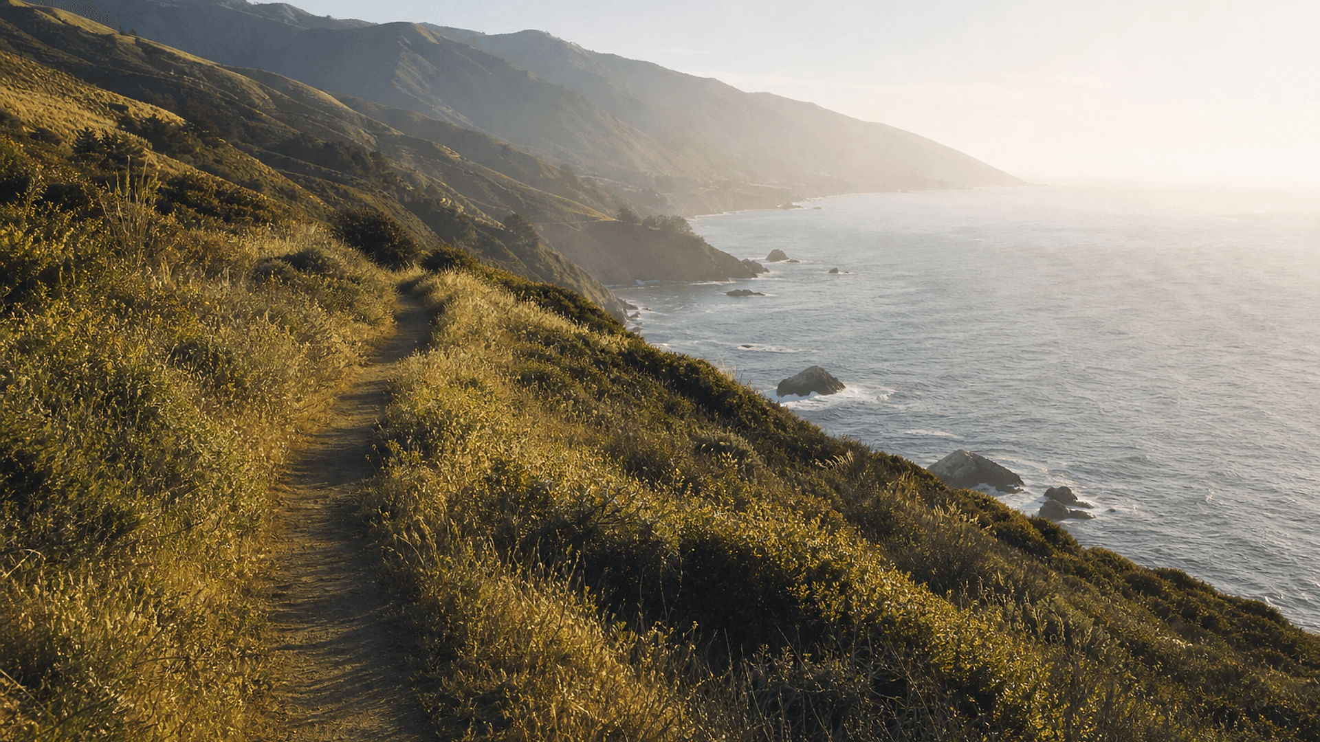 A narrow private walking trail cut through coastal scrub above the Pacific