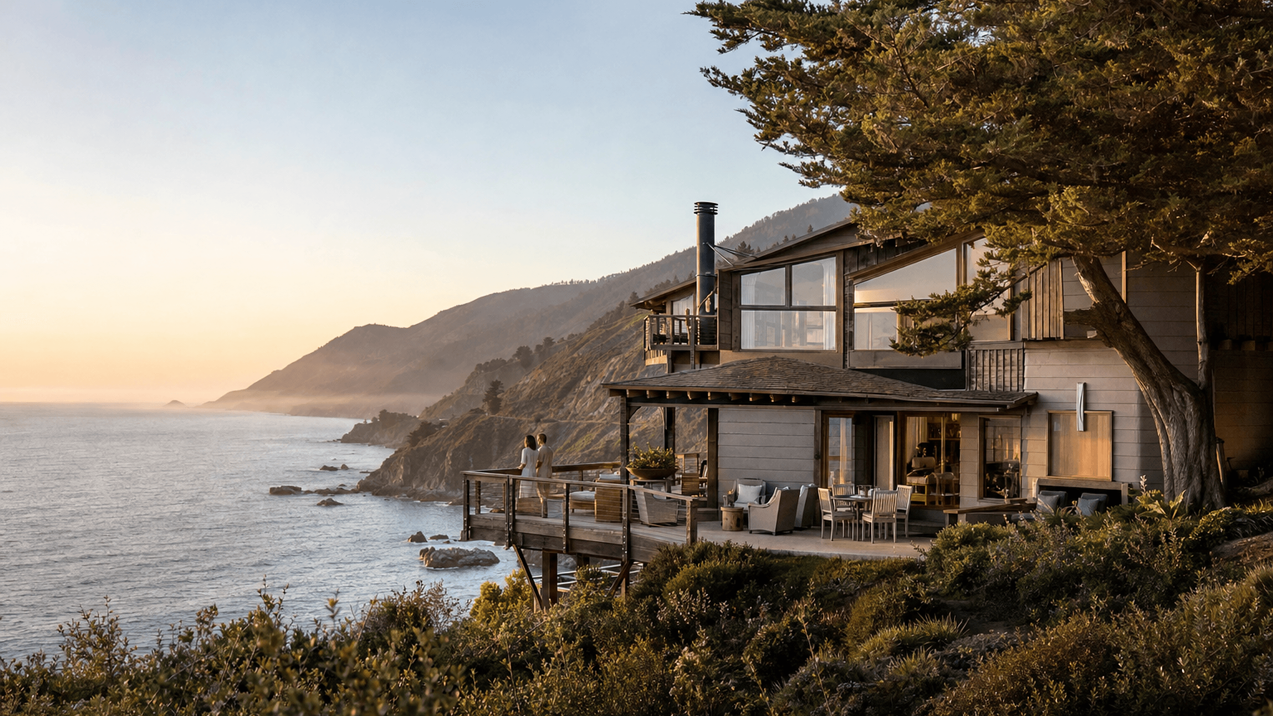 Aster House Big Sur seen along the Pacific coastline at golden hour